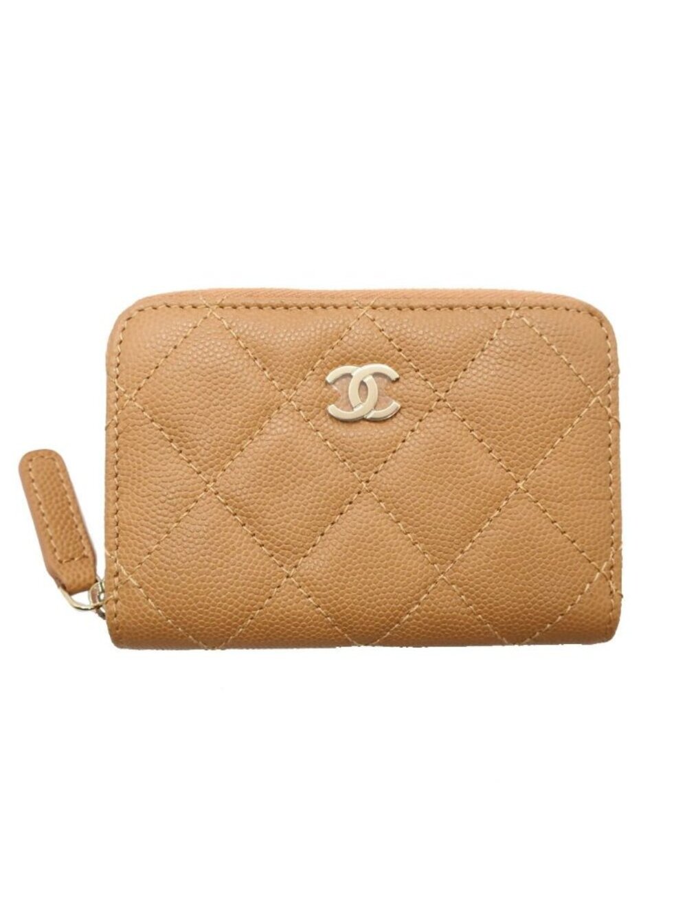 Chanel Ten Classic Zip Coin Purse Beige Gold Caviar Leather Case